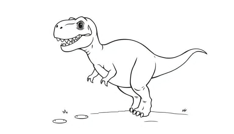 Placa de color de un Tiranosaurio Rex amigable caminando sobre hierba.