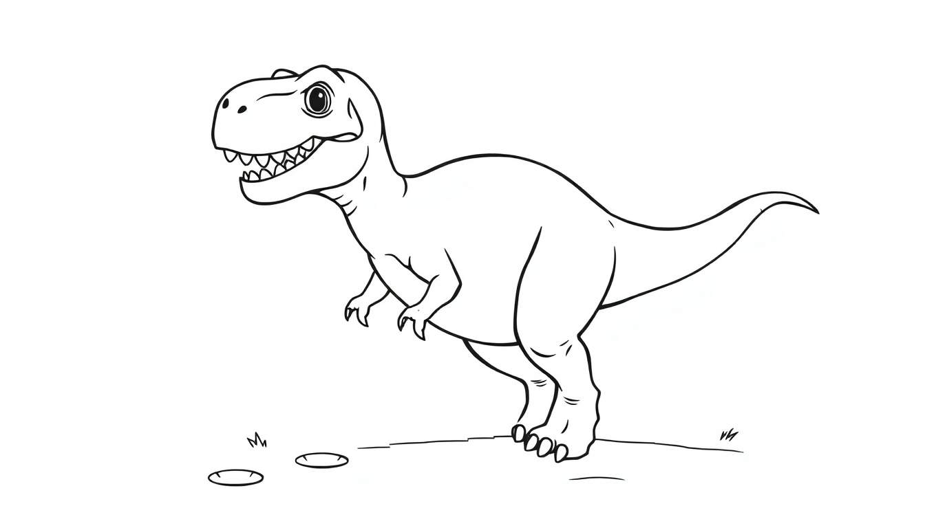 Placa de color de un Tiranosaurio Rex amigable caminando sobre hierba.