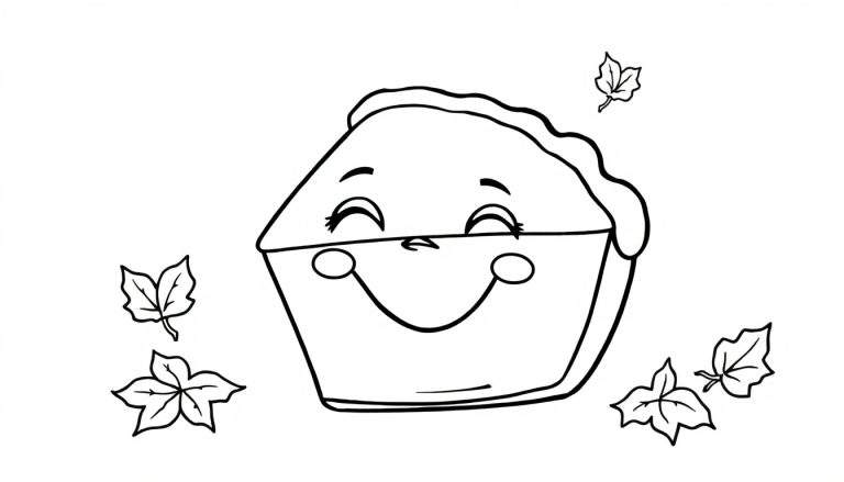 Placa de color de un pastel de calabaza sonriente con hojas de otoño.