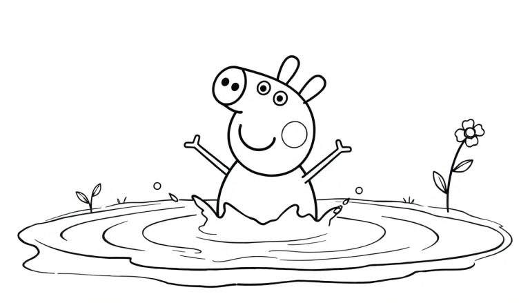 Placa de color de Peppa Pig chapoteando alegremente en un charco de barro rodeado de hierba y una flor.