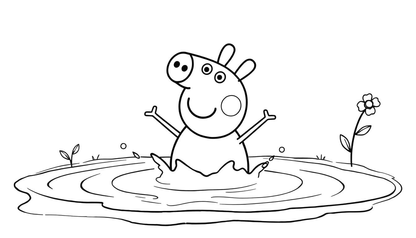 Placa de color de Peppa Pig chapoteando alegremente en un charco de barro rodeado de hierba y una flor.