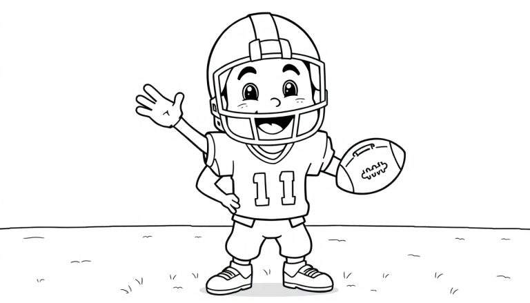 Placa de color: un niño sonriente con casco de fútbol americano y balón, listo para colorear.