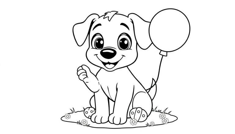 Un perro de dibujos animados con un globo, listo para colorear en una placa de color.