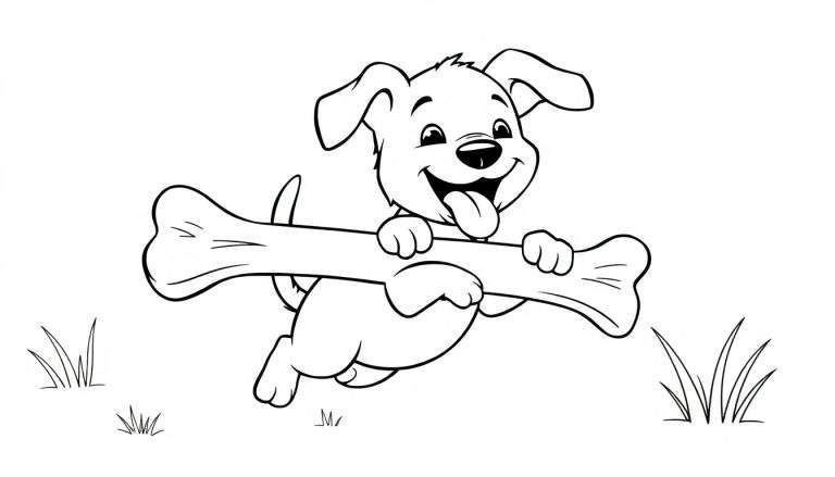 Ilustración en blanco y negro de un perro de dibujos animados feliz con un gran hueso en la boca, listo para ser coloreado en la placa de color.
