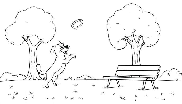 Placa de color de un perro jugando con un frisbee en el parque.