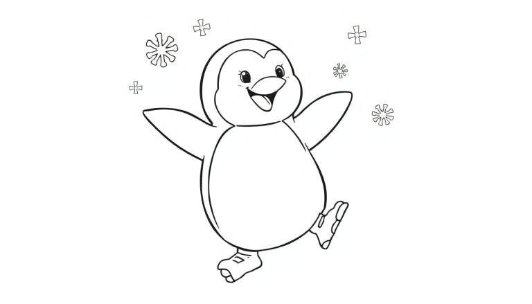 Pingüino alegre sobre una placa de color de patinaje sobre hielo.