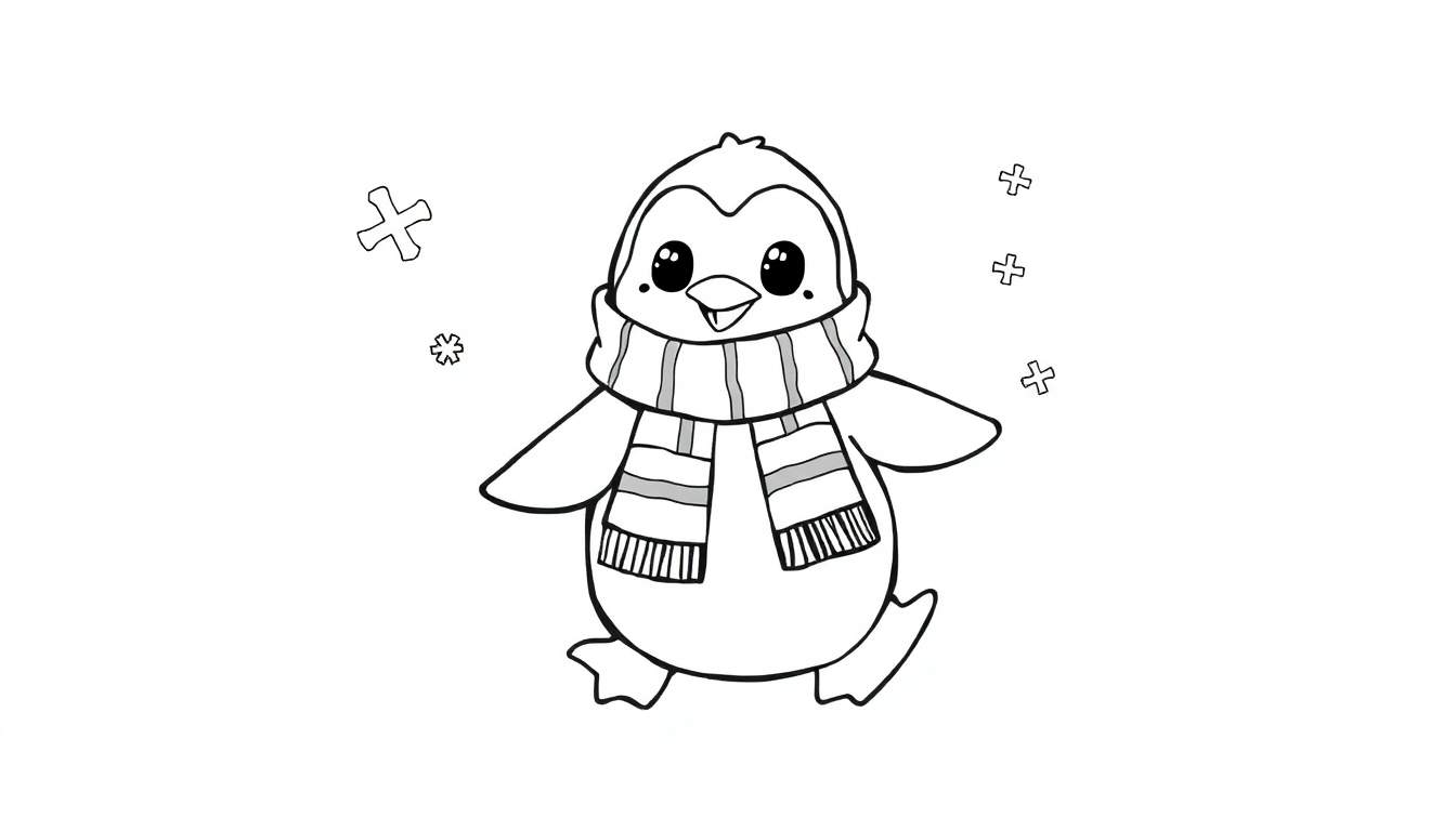 Pingüino adorable para colorear con bufanda, patinando sobre hielo rodeado de copos de nieve, un dibujo de placa de color.