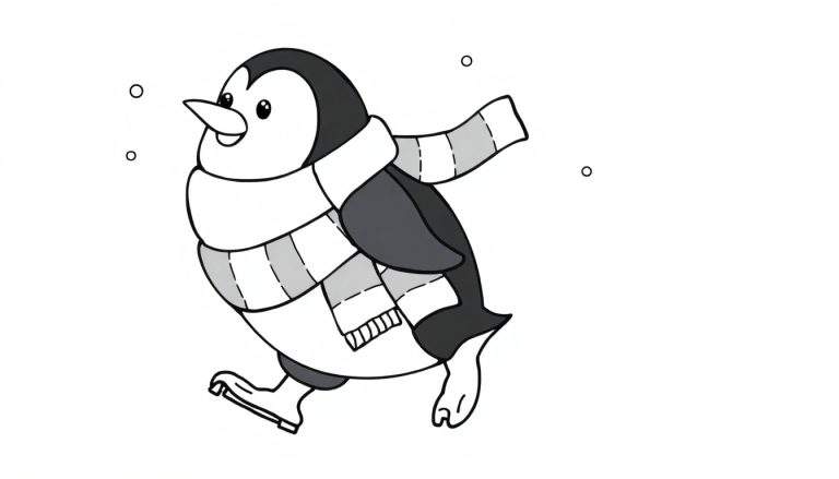 Placa de color: un pingüino de dibujos animados con una bufanda a rayas patinando sobre hielo rodeado de copos de nieve.