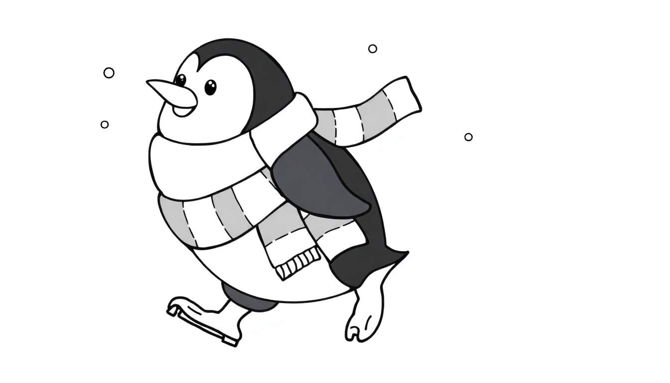 Placa de color: un pingüino de dibujos animados con una bufanda a rayas patinando sobre hielo rodeado de copos de nieve.