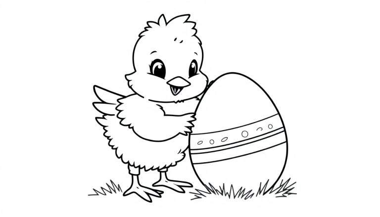 Placa de color de un pollito de Pascua junto a un huevo decorado.