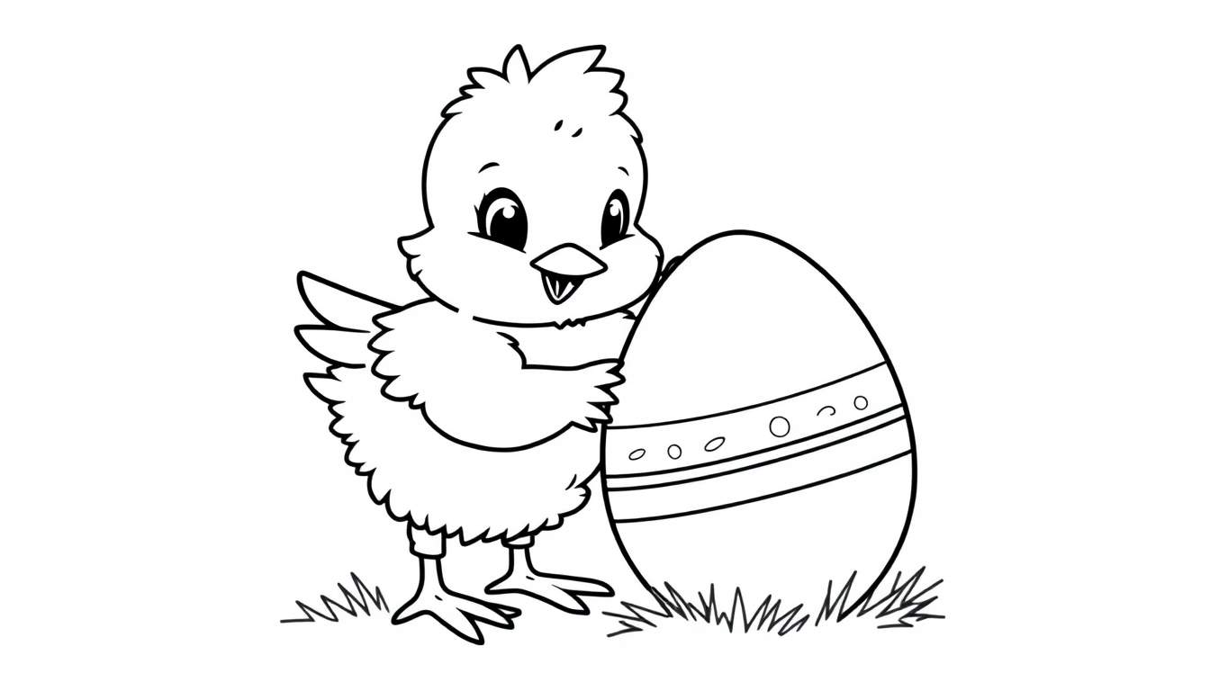 Placa de color de un pollito de Pascua junto a un huevo decorado.