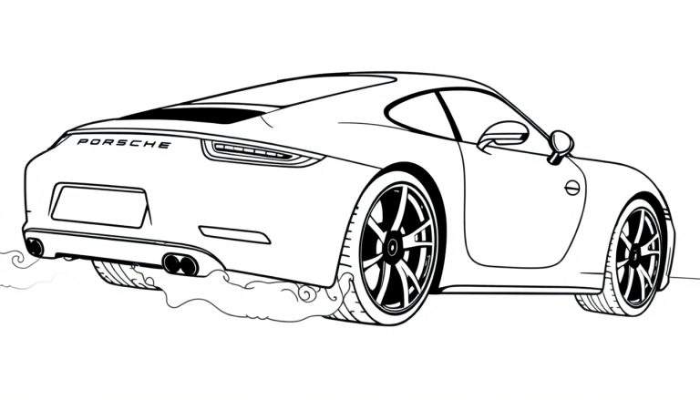 Un coche deportivo Porsche listo para colorear en blanco y negro, visto desde atrás con humo saliendo de las ruedas.