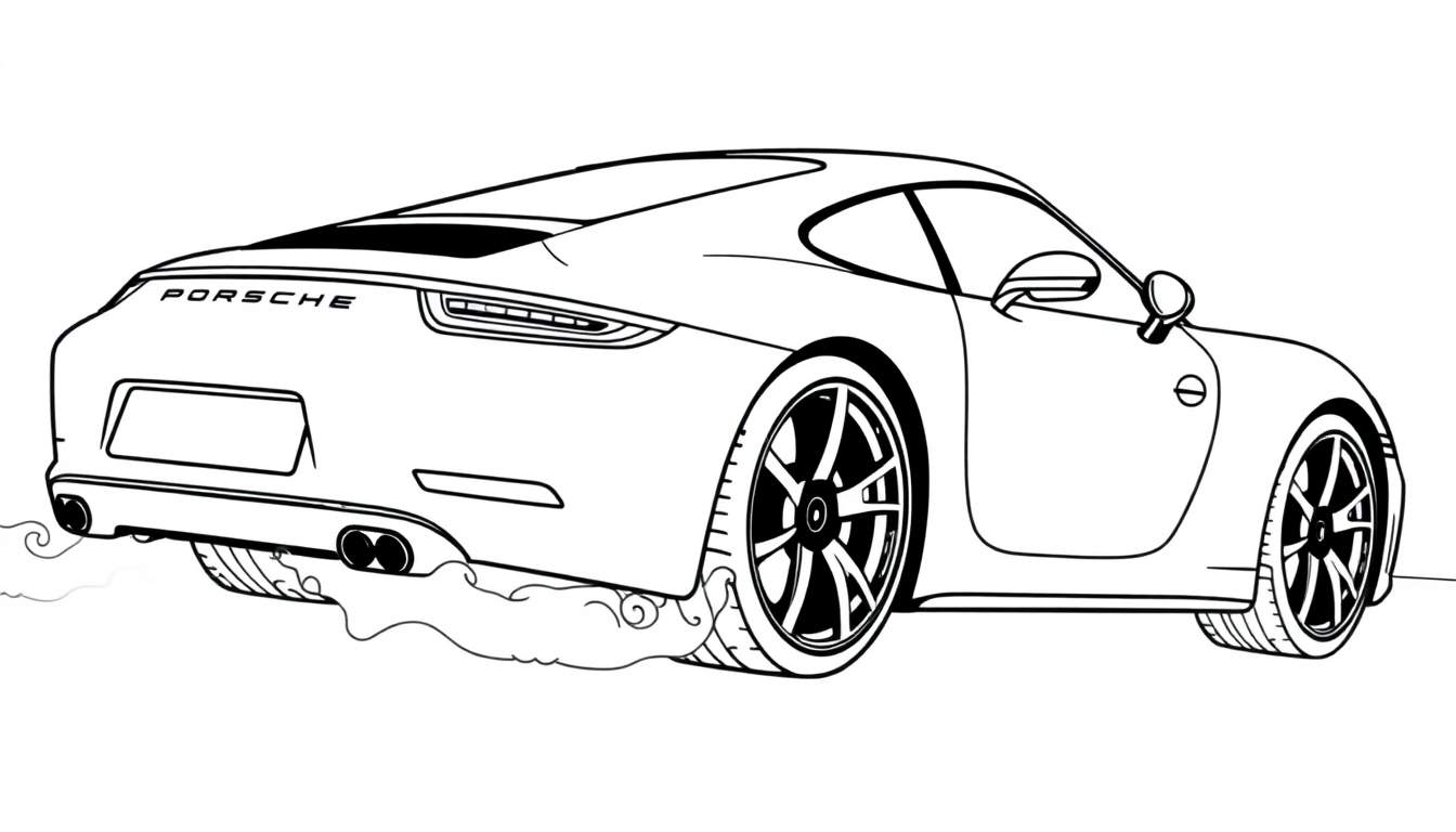 Un coche deportivo Porsche listo para colorear en blanco y negro, visto desde atrás con humo saliendo de las ruedas.