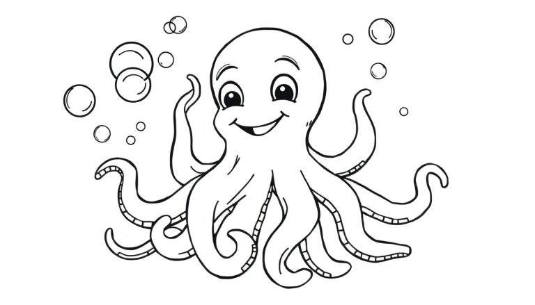 Placa de color de un pulpo sonriente con burbujas.