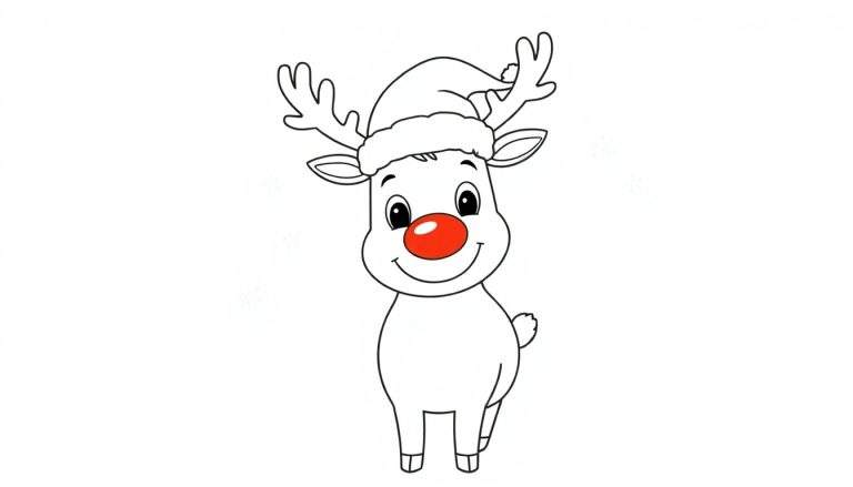 Una placa de color de un reno amigable con nariz roja y gorro de Papá Noel.
