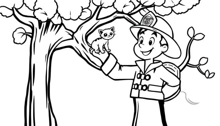 Placa de color: bombero sonriente rescata a un gatito asustado de un árbol.