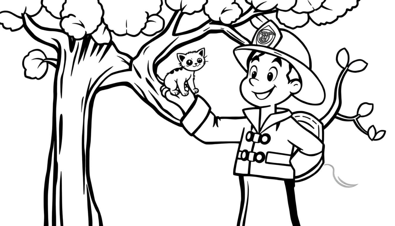 Placa de color: bombero sonriente rescata a un gatito asustado de un árbol.