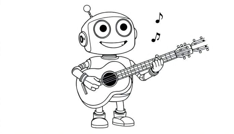 Un robot simpático en una placa de color tocando la guitarra.