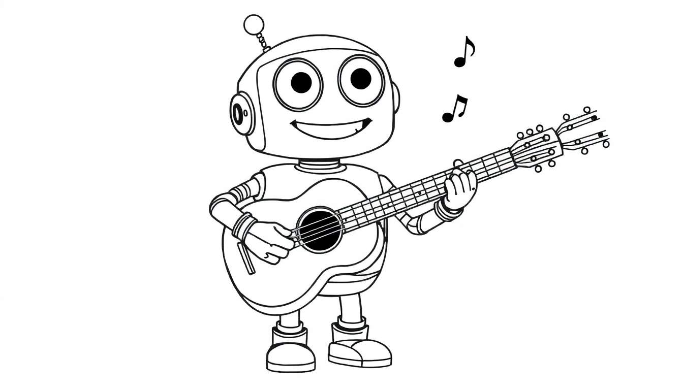 Un robot simpático en una placa de color tocando la guitarra.