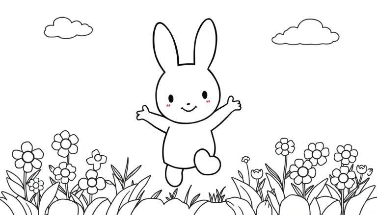 Placa de color con Miffy saltando en un campo de flores.