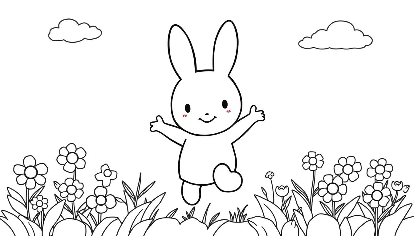 Placa de color con Miffy saltando en un campo de flores.