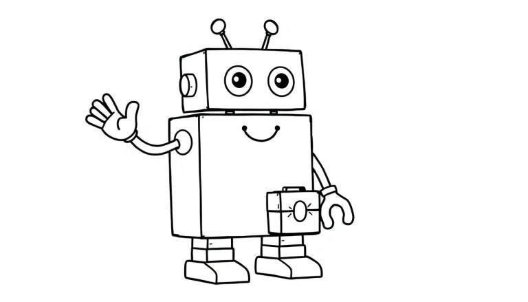 Placa de color de un robot amigable saludando con un maletín.