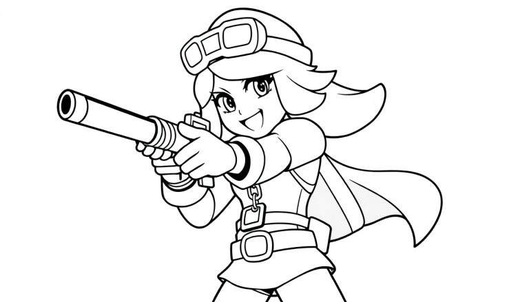 Placa de color de Shelly de Brawl Stars sonriendo y apuntando con su arma.