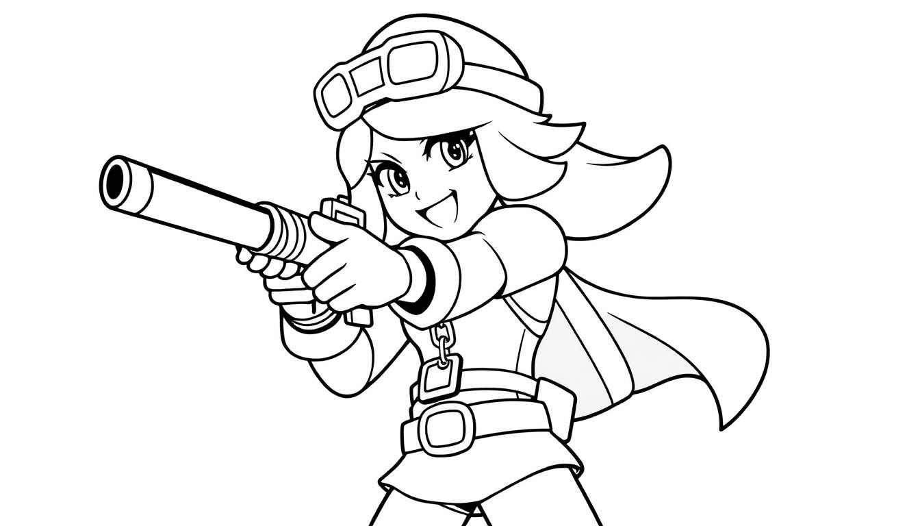 Placa de color de Shelly de Brawl Stars sonriendo y apuntando con su arma.