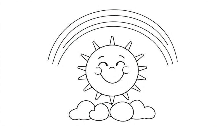 Una placa de color de un sol sonriente con un arcoíris y nubes.