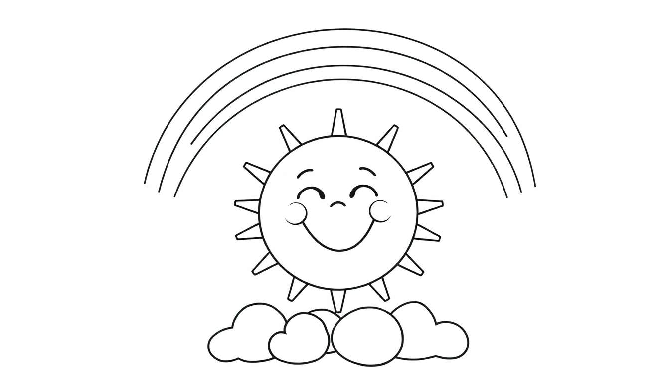 Una placa de color de un sol sonriente con un arcoíris y nubes.
