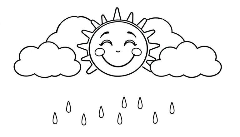Placa de color de un sol sonriente con nubes y lluvia.