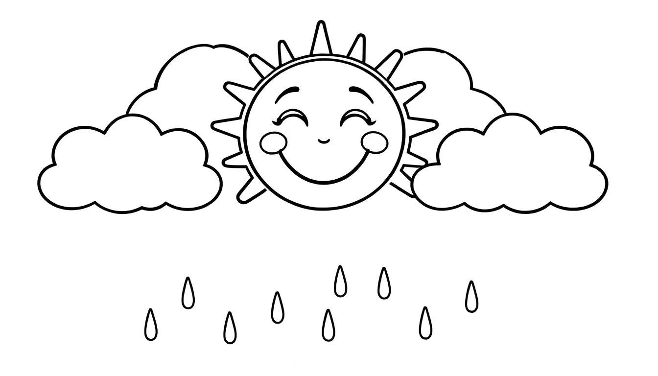 Placa de color de un sol sonriente con nubes y lluvia.