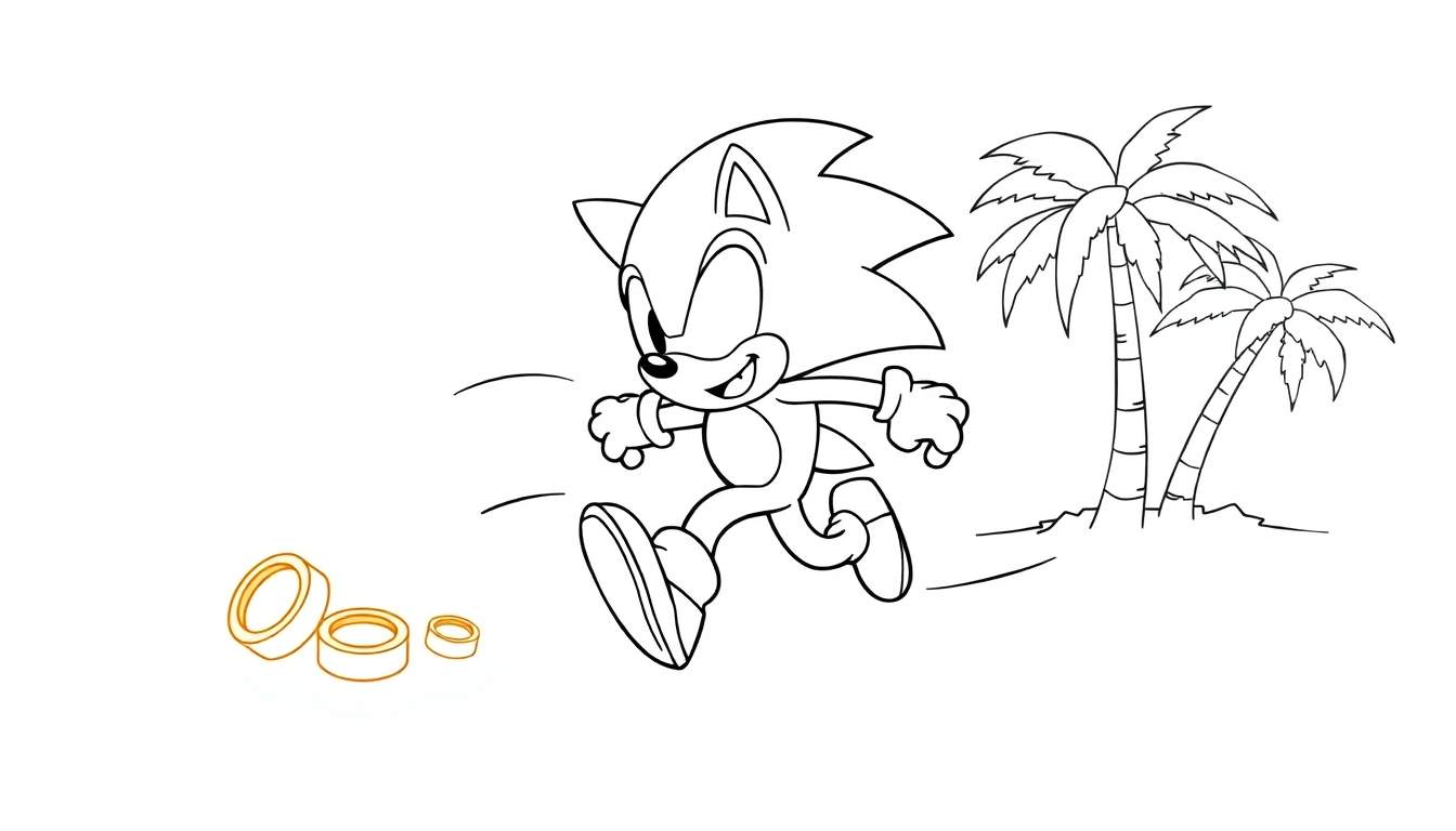 Placa de color de Sonic el Erizo corriendo con anillos dorados y palmeras.
