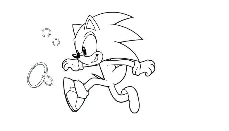 Placa de color de Sonic el Erizo corriendo rápido recolectando anillos dorados.
