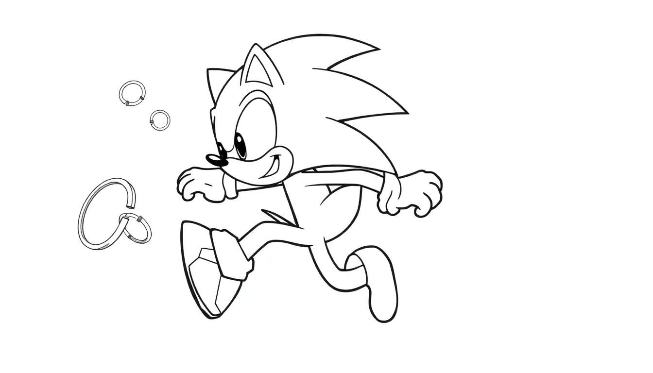 Placa de color de Sonic el Erizo corriendo rápido recolectando anillos dorados.