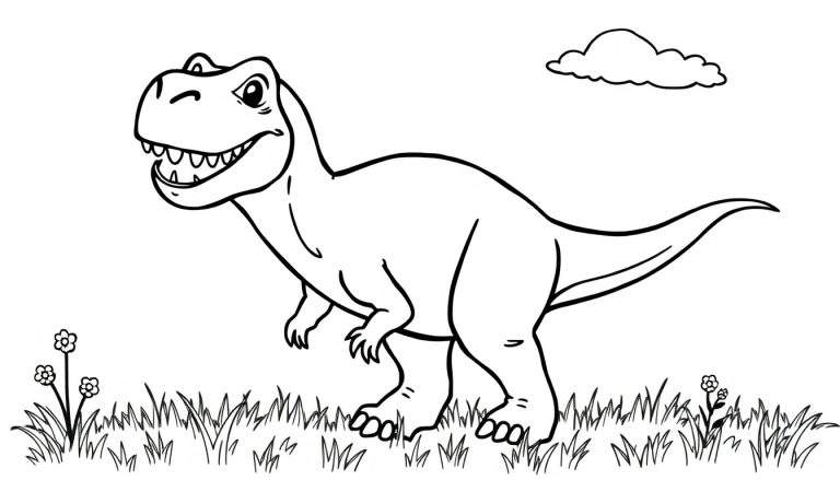 Placa de color de un Tiranosaurio Rex sonriente.