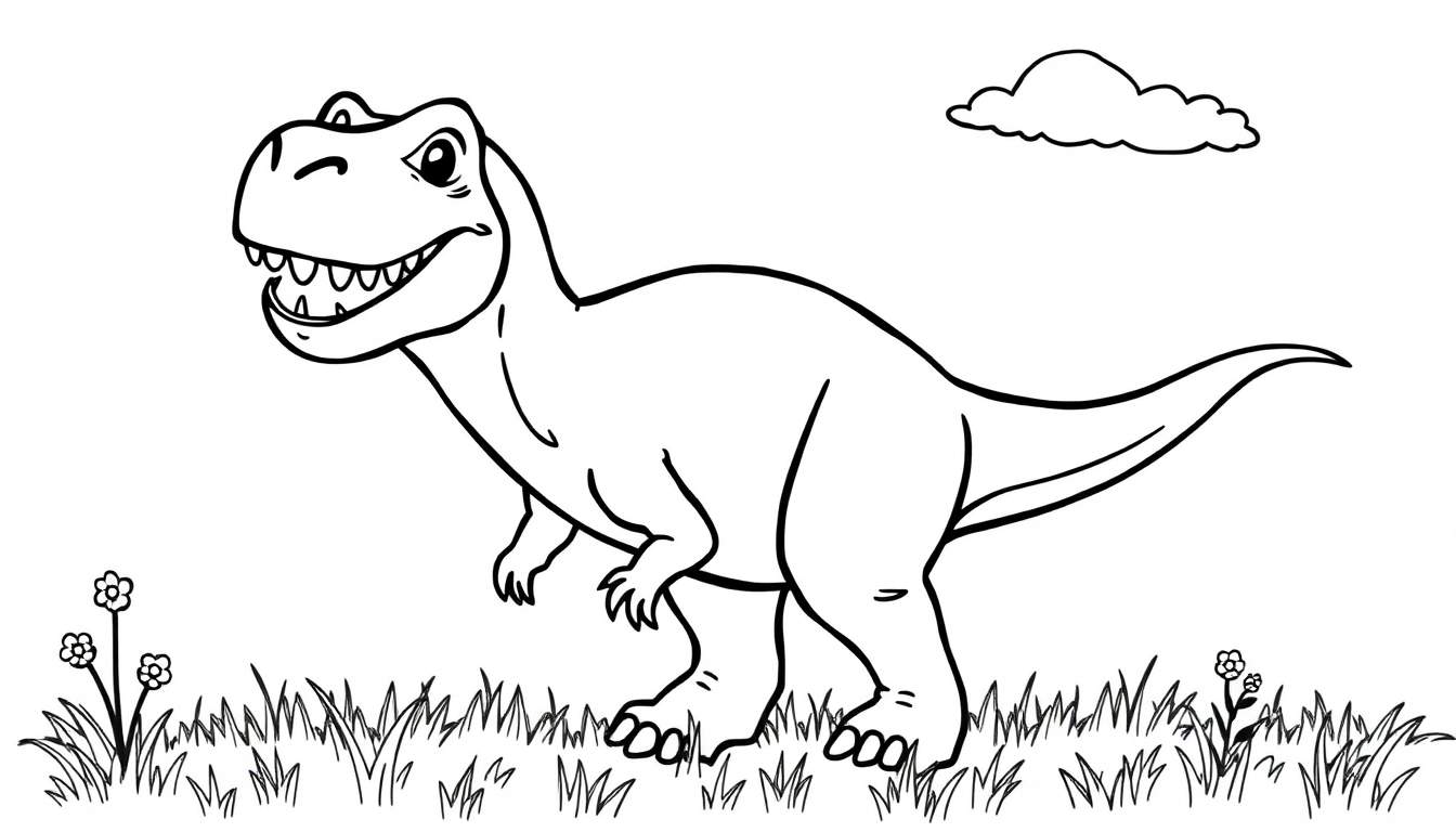 Placa de color de un Tiranosaurio Rex sonriente.