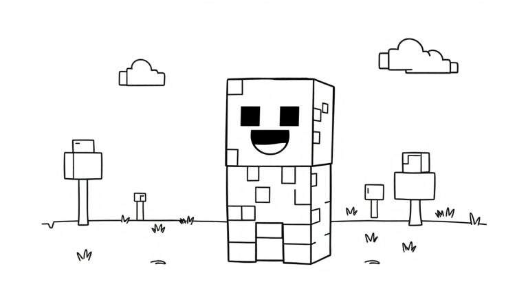 Placa de color de un Creeper sonriente de Minecraft rodeado de cubos y árboles.