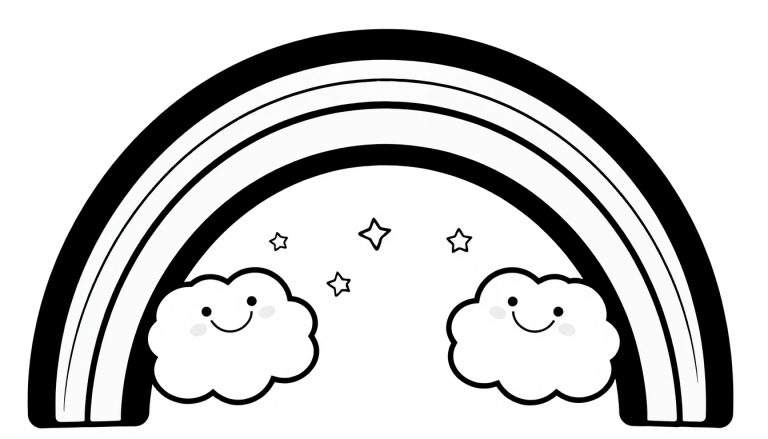 Placa de color: arcoíris en blanco y negro con nubes sonrientes y estrellas.