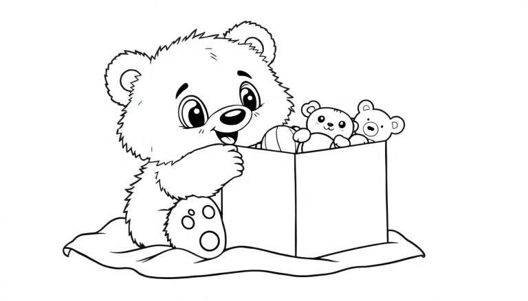 Placa de color de un osito de peluche feliz junto a una caja de juguetes.