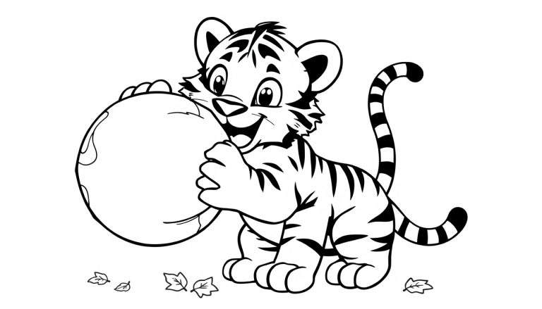 Placa de color de un tierno cachorro de tigre de dibujos animados jugando con una pelota grande, en blanco y negro para colorear.
