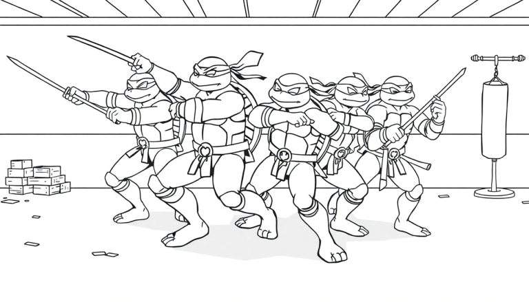 Placa de color de las Tortugas Ninja listas para la acción.