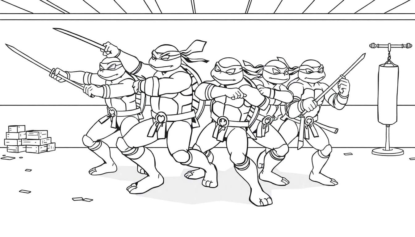 Placa de color de las Tortugas Ninja listas para la acción.