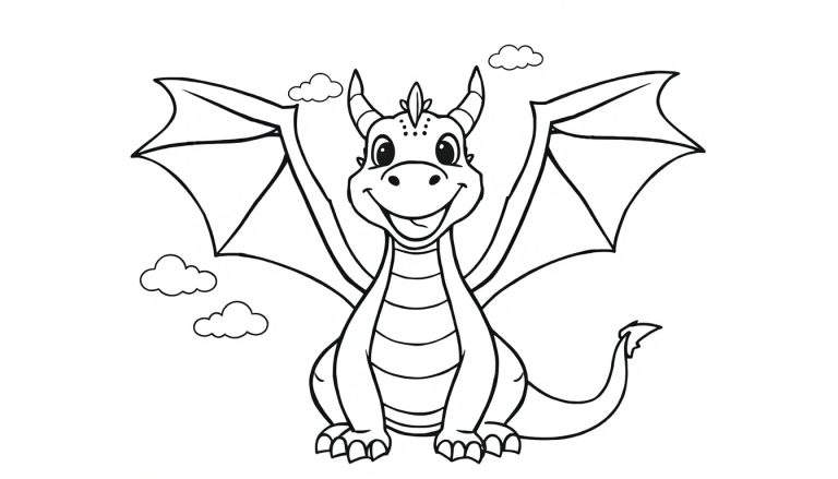 Placa de color de un dragón de dibujos animados amigable con grandes alas.
