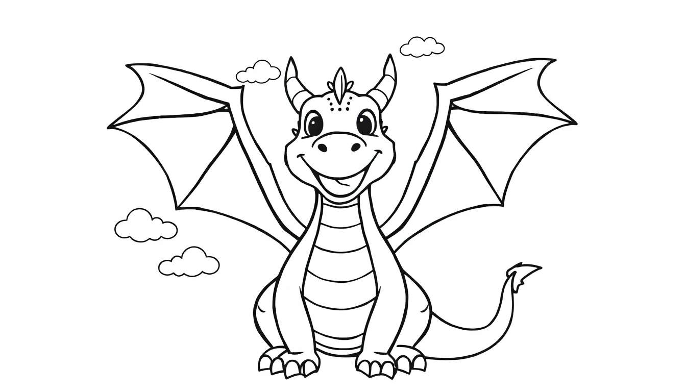 Placa de color de un dragón de dibujos animados amigable con grandes alas.