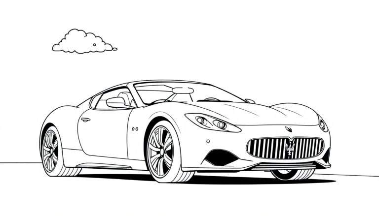 Placa de color de un coche deportivo Maserati descapotable, estilo dibujo lineal.