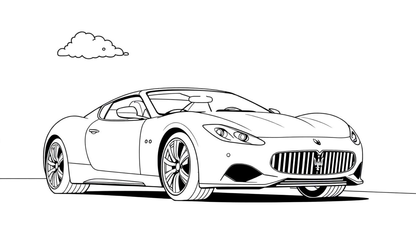 Placa de color de un coche deportivo Maserati descapotable, estilo dibujo lineal.