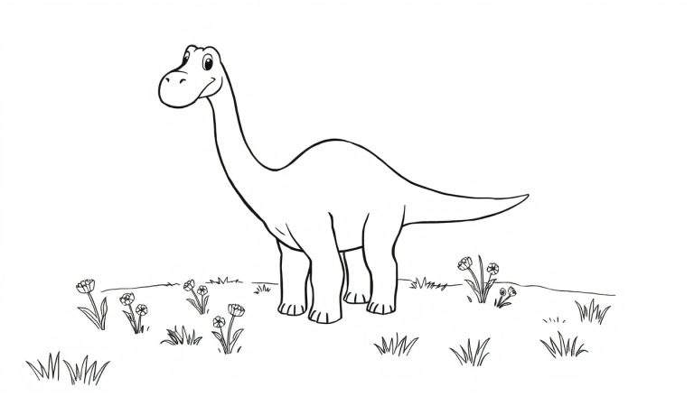Placa de color de un dinosaurio Diplodocus amigable en un campo.