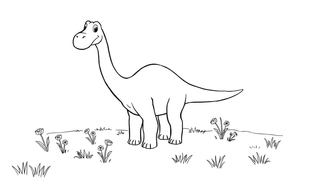 Placa de color de un dinosaurio Diplodocus amigable en un campo.