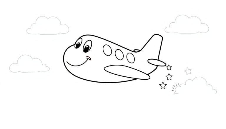 Placa de color de un avión de dibujos animados con cara sonriente volando entre nubes.